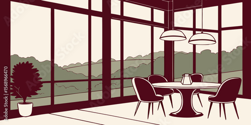 Elegant dining room with modern pendant lights and large windows overlooking nature vector illustration  with dark red background 
