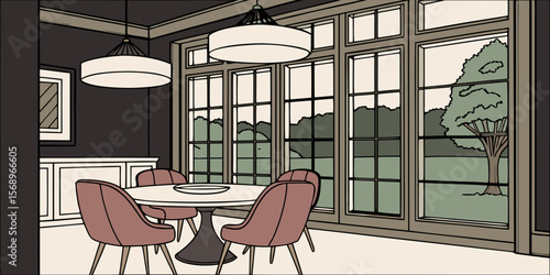 Elegant dining room with modern pendant lights and large windows overlooking nature vector illustration.
