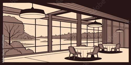 Elegant dining room with modern pendant lights and large windows overlooking nature vector illustration.
