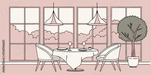 Elegant dining room with modern pendant lights and large windows overlooking nature vector illustration  with pink  background 
