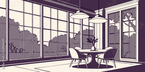 Elegant dining room with modern pendant lights and large windows overlooking nature vector illustration  with dark purple background 
