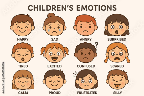 Expressions of children's emotions illustrated with diverse cartoon faces