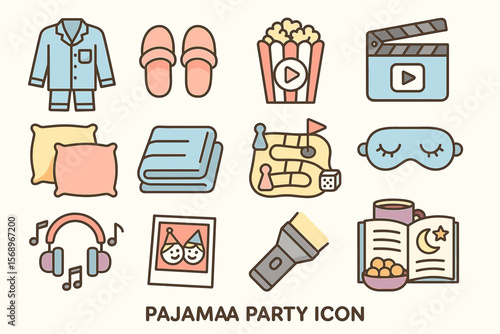 Pajama party icons set featuring games, snacks, and sleepover essentials