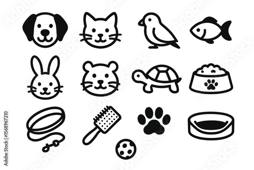 Simple line icons of common pets and pet accessories