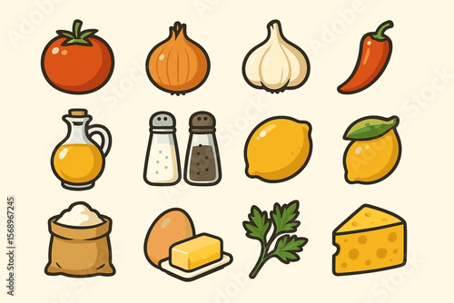 Icon set of various food ingredients including vegetables and seasonings