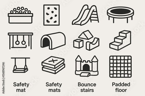 Playground equipment icons: slides, swings, trampoline, safety features