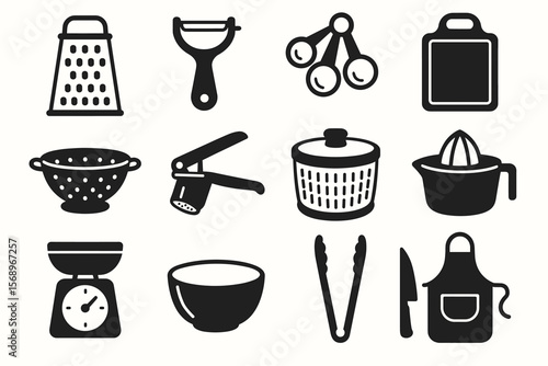 Collection of black kitchen utensil icons including grater, peeler, and colander