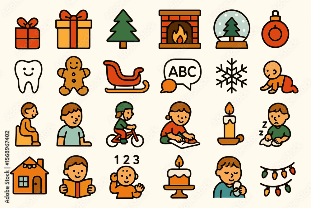 Fototapeta premium Festive holiday icons featuring winter, christmas, and childhood activities
