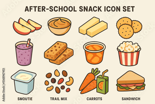 Colorful after-school snack icon set with fruits and treats