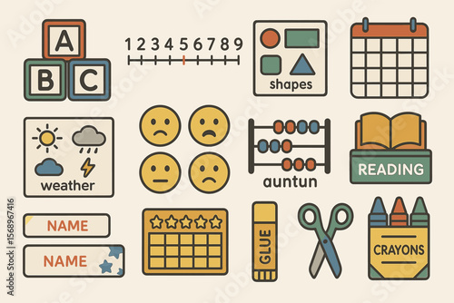 Educational icons for early learning: shapes, weather, numbers, and craft tools