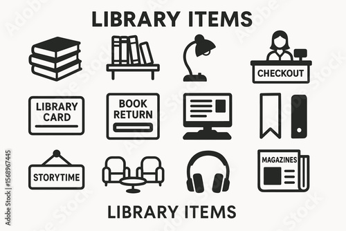 Library items icons: books, technology, and services overview