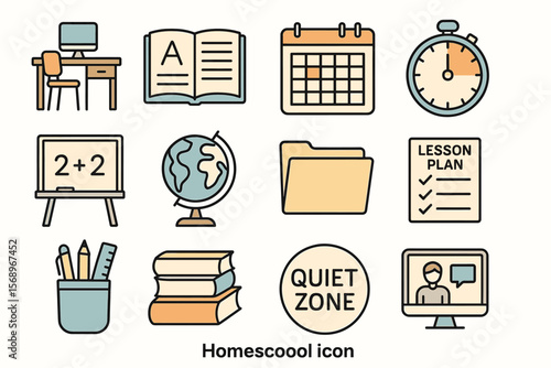 Homeschool elements: desk, books, calendar, stopwatch, chalkboard, globe, laptop icon set
