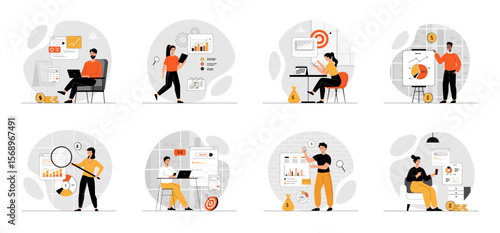 Bundle of SEO Budget Planning concepts with people scene in flat cartoon design. Collection work with men and women. Business people develop an effective  SEO budget plan. Vector illustration