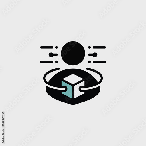 Minimalist vector icon depicting a person holding a teal cube surrounded by a circular motion and data points suggesting digital interaction or processing a three dimensional object