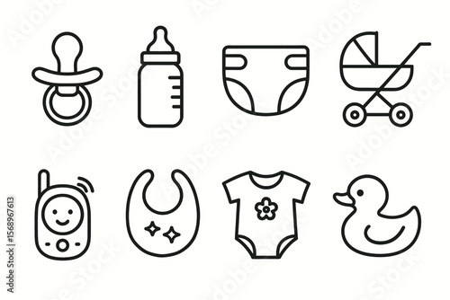 Baby essentials icons: pacifier, bottle, diaper, stroller, monitor, bib, onesie, duck
