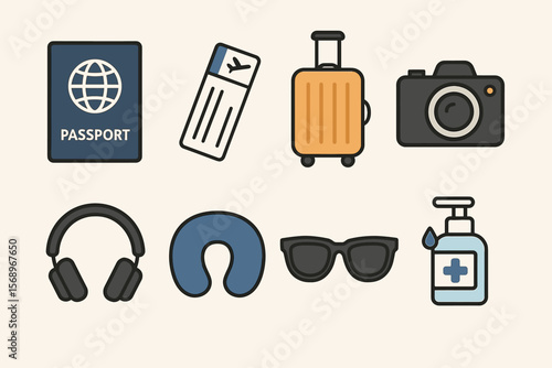Travel essentials: passport, luggage, camera, headphones, neck pillow, sunglasses, hand sanitizer