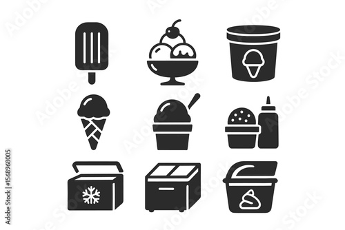 Ice cream icons set: popsicle, cone, sundae, tubs, freezer illustrations