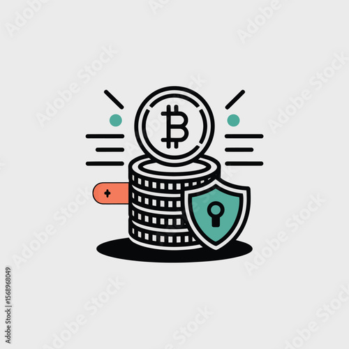 Minimalist Vector Icon Depicting a Stack of Bitcoin Coins Secured by a Teal Shield Featuring a Keyhole Symbol Against a Light Gray Background with Coral and Teal Accents