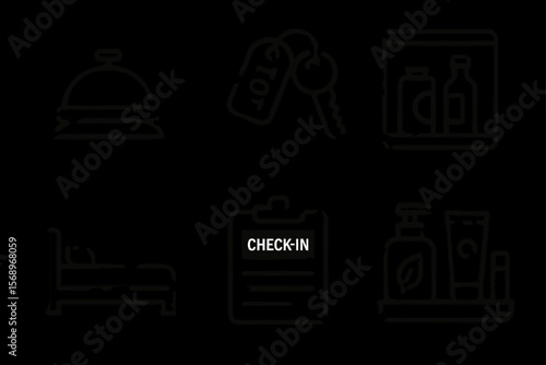 Hotel icons: check-in, key, bed, bell, amenities for travel and hospitality
