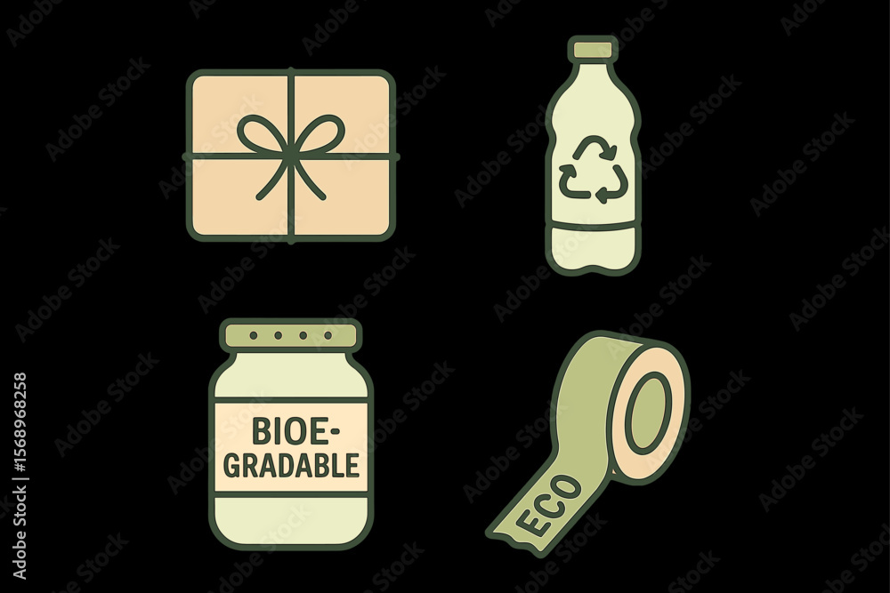 Naklejka premium Sustainable packaging icons: recyclable bottle, eco tape, biodegradable jar, gift box