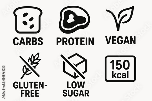 Nutritional icons: carbs, protein, vegan, gluten-free, low sugar, 150 kcal symbols