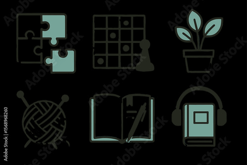 Puzzle, sudoku, plant, knitting, open book, audio book icons on black background