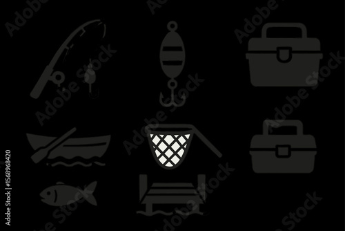 Fishing gear icons: rod, lure, tackle box, boat, fish, landing net, pier