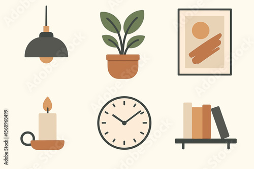 Minimalist home decor: lamp, plant, candle, clock, books, art