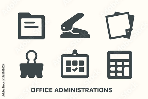 Office administration icons: folder, hole puncher, papers, stamp, calendar, calculator
