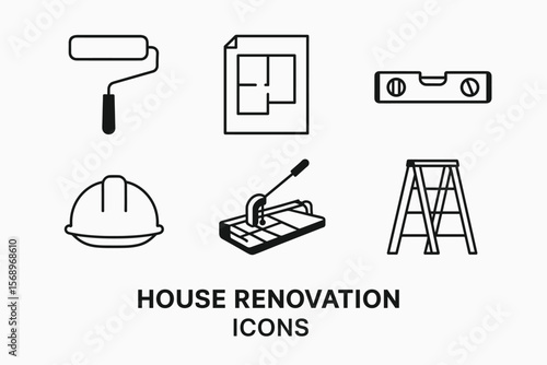 House renovation icons: roller, blueprint, level, helmet, tile cutter, ladder