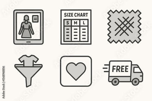 E-commerce icons featuring ai technology, size chart, fabric, clothing filter, favorites, free delivery