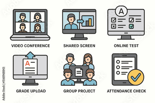Educational technology tools: video conference, shared screen, online test, grade upload, group project, attendance check