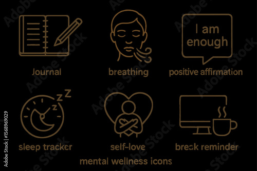 Mental wellness icons: journal, breathing, affirmation, sleep, self-love, break reminder