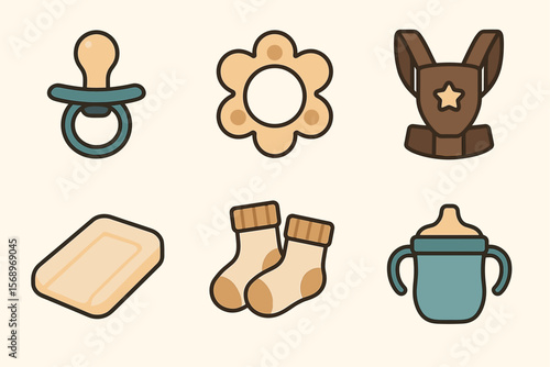 Cute baby items icons set: pacifier, teething ring, plush toy, soap, socks, sippy cup