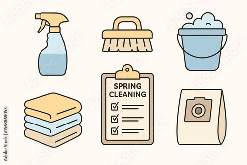 Vector illustration of cleaning tools and supplies for spring cleaning checklist