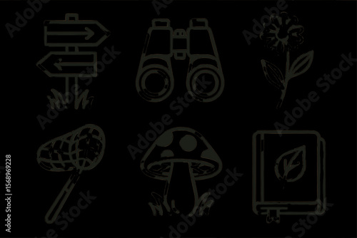 Nature exploration: signs, binoculars, flower, net, mushroom, notebook icons