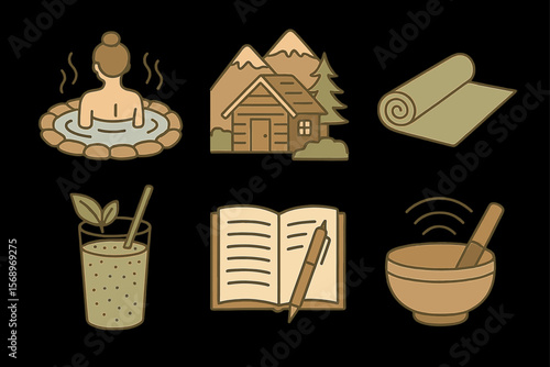 Wellness retreat icons: spa, cabin, yoga mat, smoothie, journal, meditation bowl