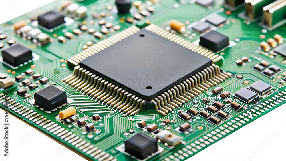 A closeup view of a circuit board with a prominent black microchip, isolated on transparent background, showcasing intricate details of modern electronics A closeup view of a circuit board with a prominent black microchip, isolated on transparent background, showcasing intricate details of modern electronics