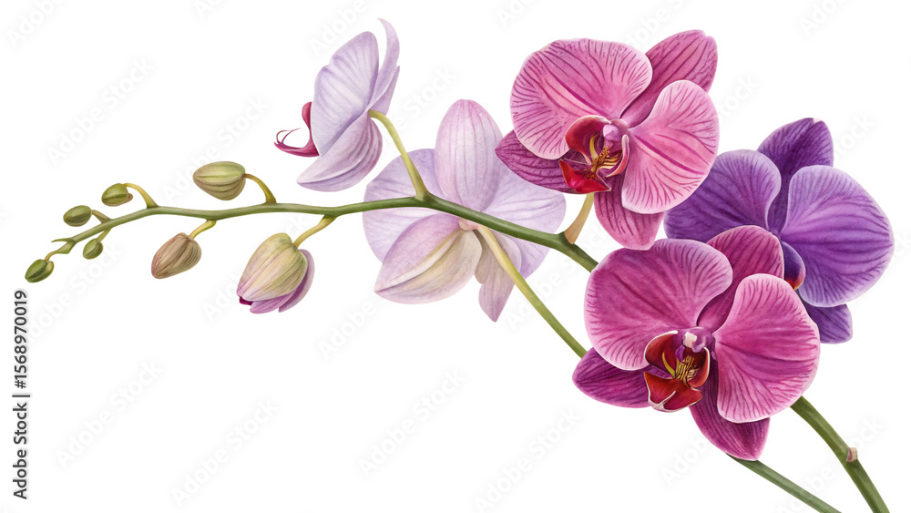 Obraz premium A branch of purple and pink orchid flowers isolated on transparent background