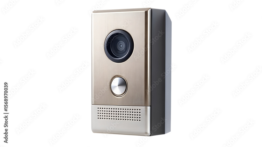 Fototapeta premium A modern brushed metal video doorbell with a camera and button is isolated on transparent background