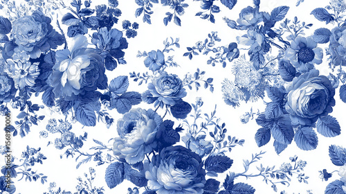 Elegant French blue and white floral toile pattern featuring intricate blooming roses, peonies, and daisies with delicate foliage on crisp white background, embodying timeless cottagecore charm