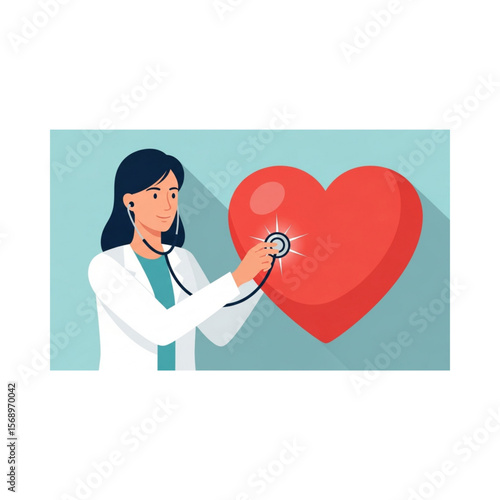 Female doctor in lab coat uses stethoscope to examine a large, red heart.