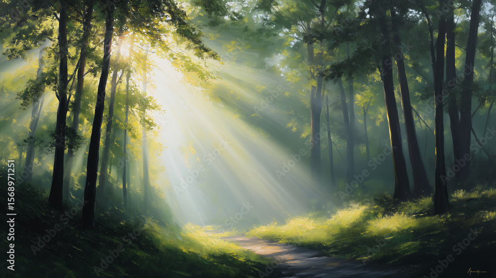 Fototapeta premium Radiant Sunbeams Piercing Through a Dense Forest Canopy onto a Lush Ground