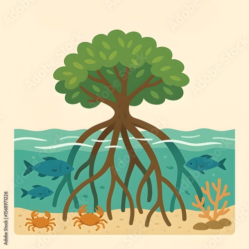 Mangrove Tree with Roots in Water and Aquatic Life