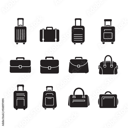 Twelve Black Silhouettes of Suitcases Bags and Briefcases on White Background Various Styles and Sizes Travel Luggage Icons