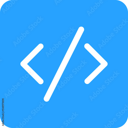 Simple black angle brackets and forward slash icon on a bright blue background
