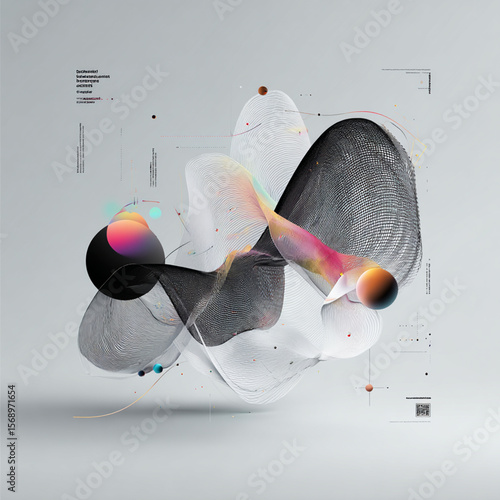 Abstract visualization of large language models, layered transparent planes, embedded clusters, fusion of technology and art