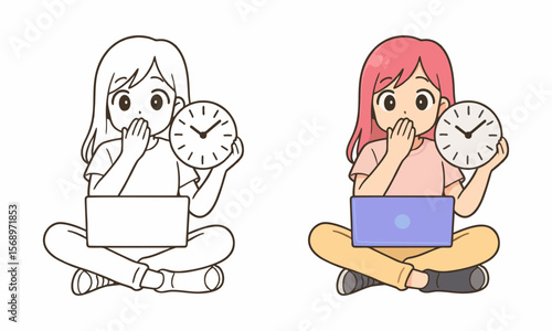 Woman holding clock time management deadline coloring page for kids