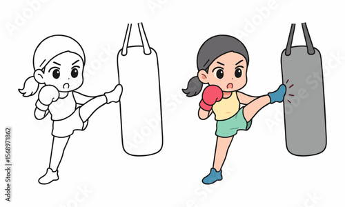 girl kneeling boxing sandbag coloring page for kids