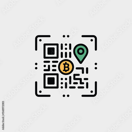 Minimalist Vector Icon Design Featuring a Q R Code Incorporating a Bitcoin Symbol and a Green Location Pin Against a Light Gray Background